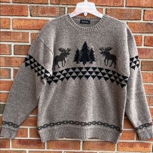 VTG True Grit Tan Wool Twin Moose Shetland Sweater L -Warm-Classic-Cabin-Nordic